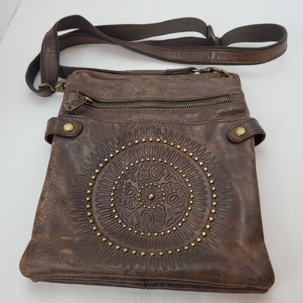 Patricia Nash Francesca Brown Vintage Leather Studded Circle Crossbody Purse